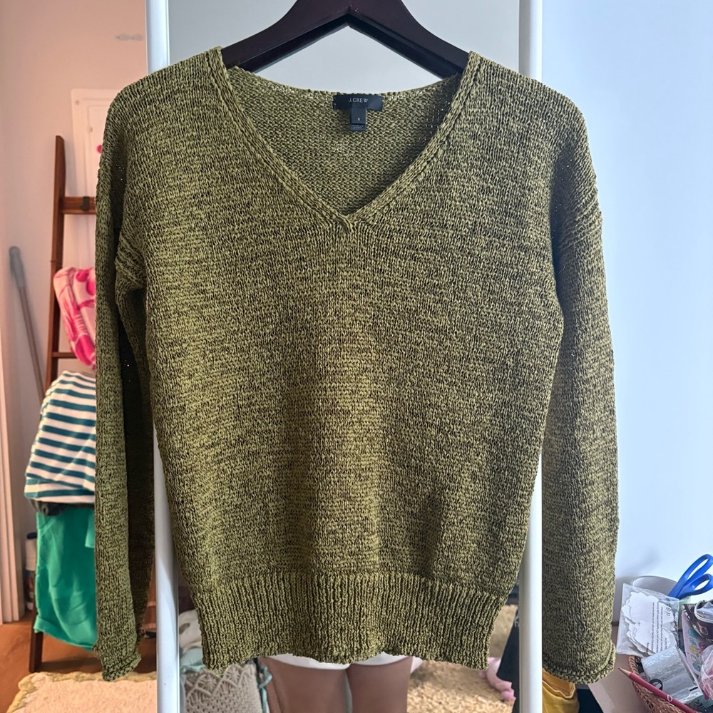 J. Crew Women's V-Neck Olive Green cotton knit Sweater